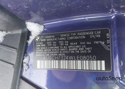 1998 BMW Z3 1.9 из США, поврежденный, VIN 4USCH7324WLE08050